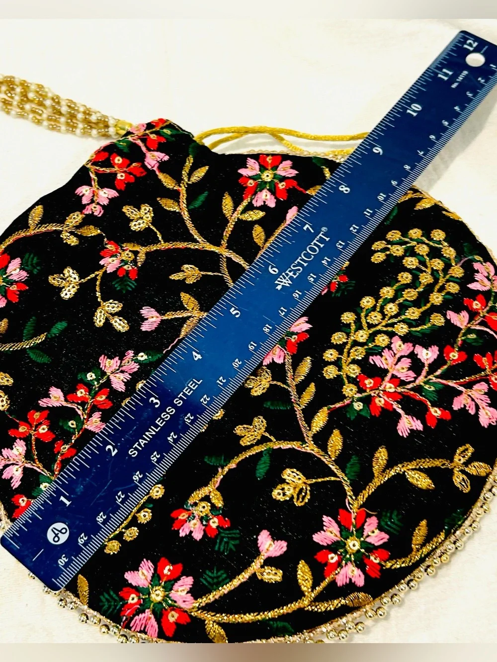 Embroidered Black Floral Design Beaded Potli Bag Prom Wedding Guest Purse